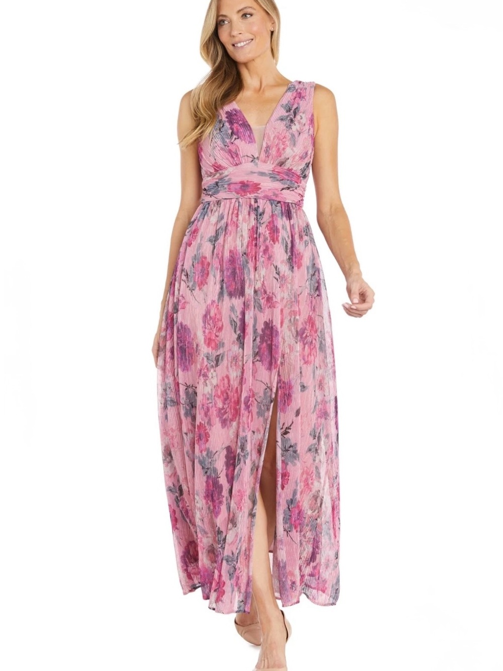 R&M Richard’s Crinkled Floral Shimmer Print Maxi Dress size 6P